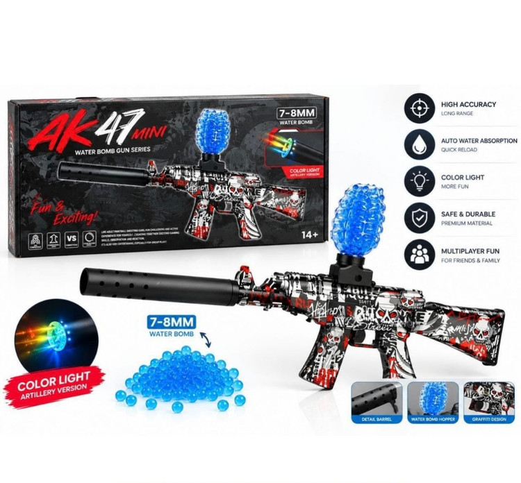 تفنگ تیر ژله ای گرافیکی ak47 با صدا خفه کن led دار